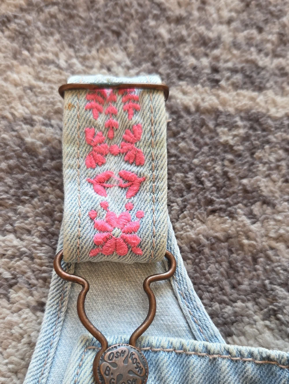 OshKosh B'gosh Light Wash Pink Flower Embroidered Short Overalls Size 12M